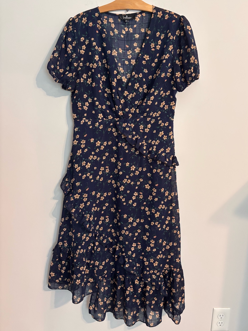 Lulus Chiffon Faux Wrap Navy Blue Floral Print Ruffled Midi Dress